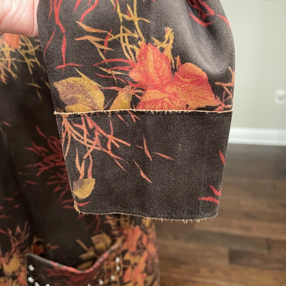 Sheryl Crow Boho Faux Suede Floral Trench Coat Brown Orange | Size Small - Picture 7 of 10